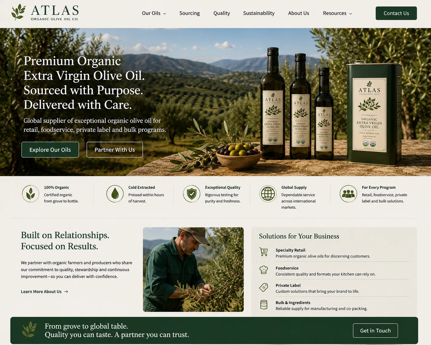 Premium organic olive oil presentation for Atlas Organic Olive Oil Co.